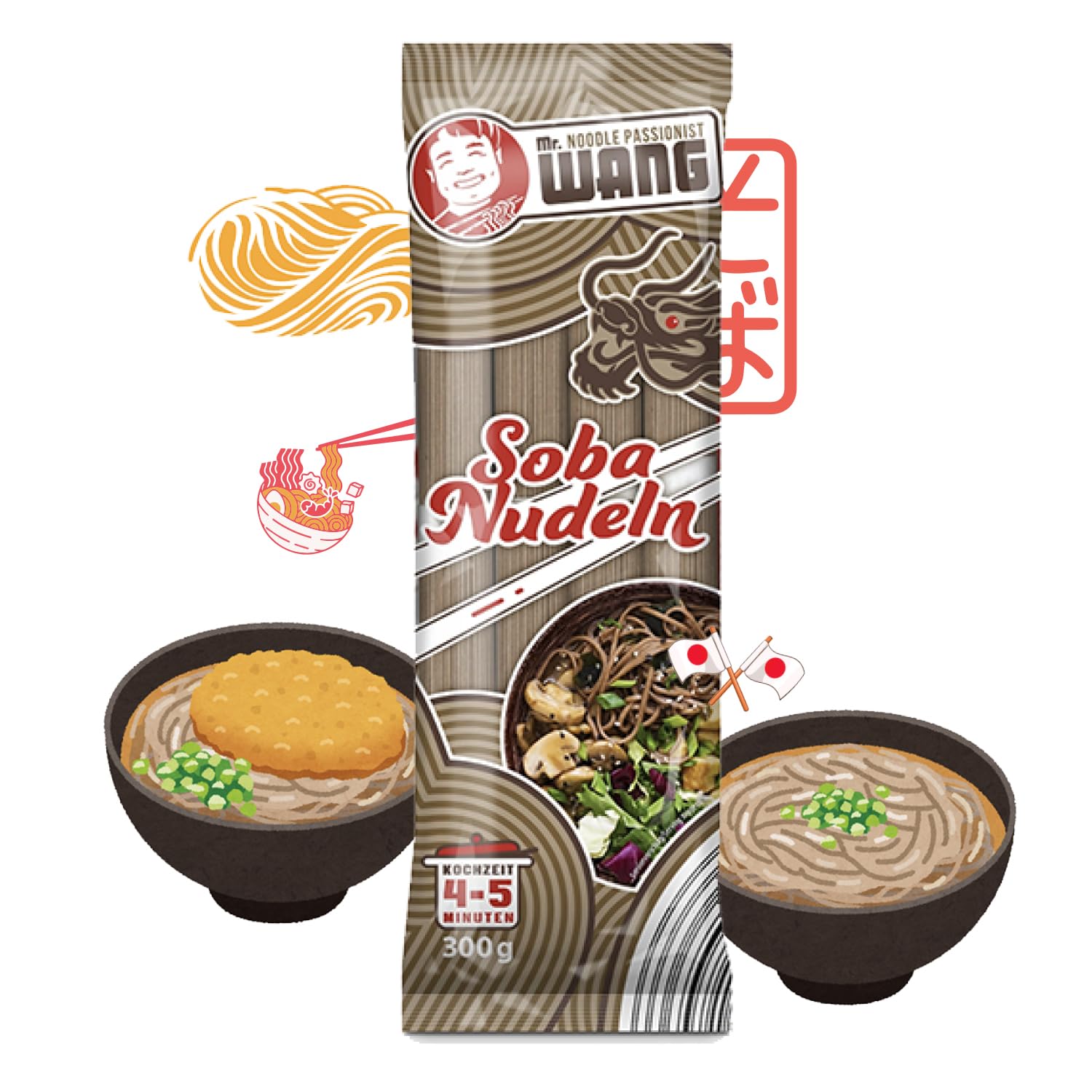 Mr. WANG Pasta de soba, 36 x 300 g, tradicional japonesa de trigo sarraceno, paquete de 36 unidades, perfecto para restaurante, gastro