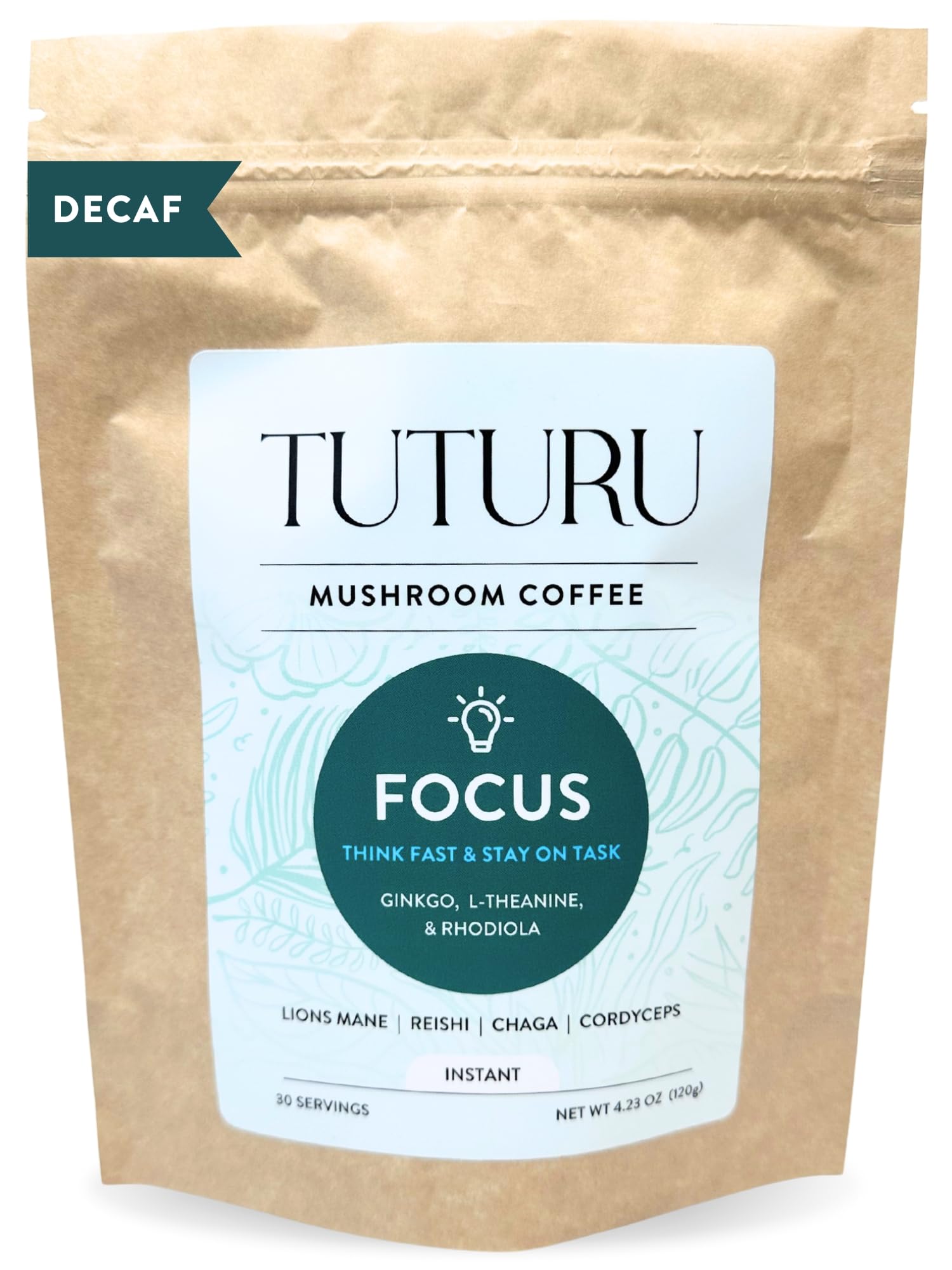 Decaf Focus Mushroom Coffee | Adaptogen Instant Coffee with Lion's Mane, Chaga, Ginkgo, L-Theanine | Jitter & Crash Free Energy | 30 Servings (Decaf Instant)