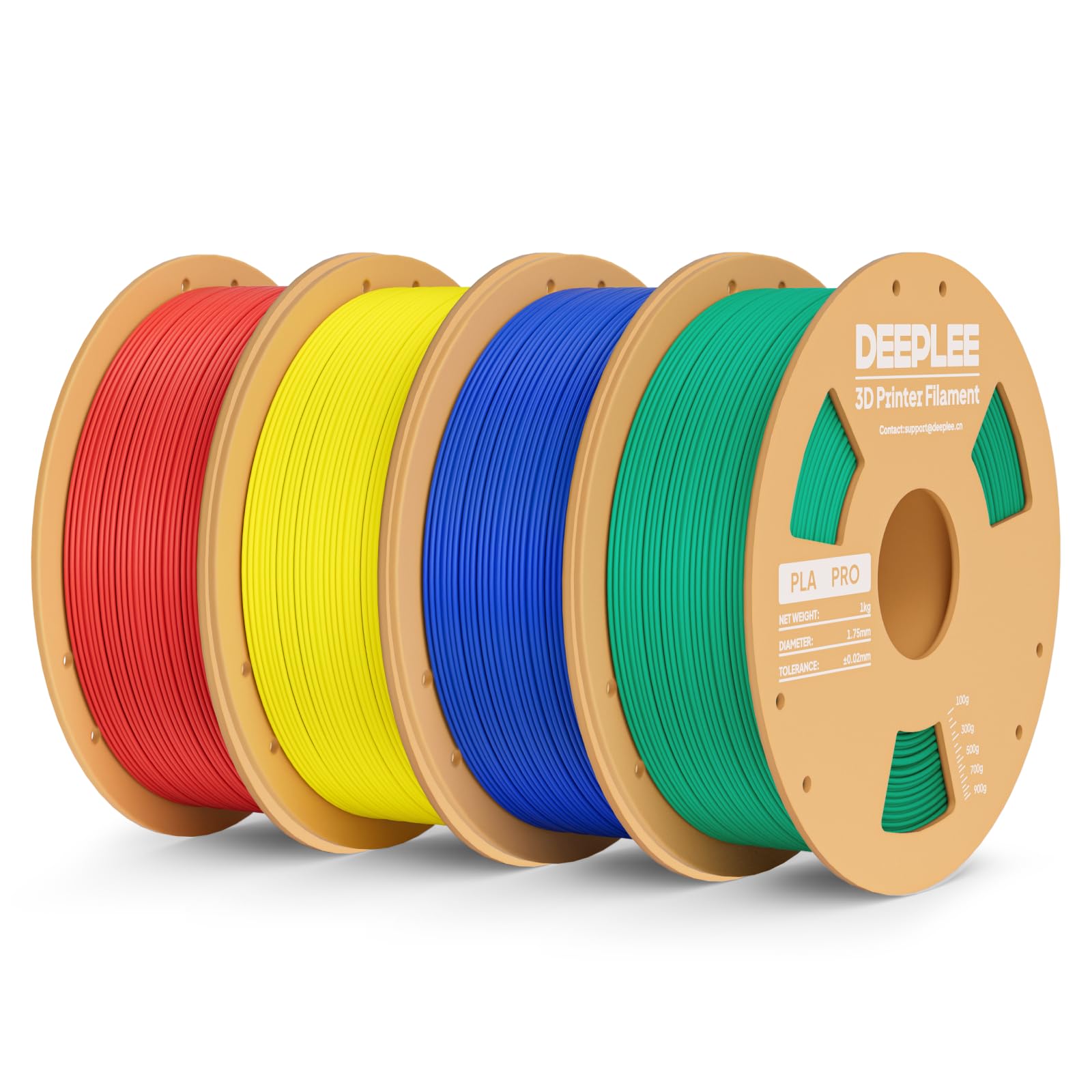 DEEPLEE PLA PRO Filament 4 kg czerwony/żółty/ciemnoniebieski/zielony | Szpula kartonowa, gładka powierzchnia, czyste owinięcie, filament do drukarki 3D 1,75 mm, dokładność wymiarowa +/- 0,02 mm