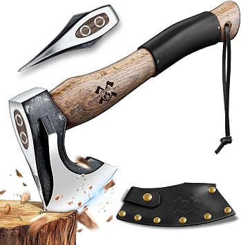 Grumpy Bear 13" Camping Hatchet, Survival Axe with Sheath, High Carbon Steel and Wood Handle, Anti-Slip Grip Ideal for Bushcraft, Wood Splitting & Outdoor Adventures