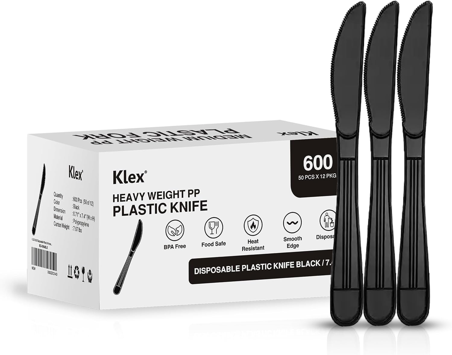 Klex 600 Disposable Plastic Knives Heavy Weight with Heat Resistant, BPA Free Durable Knife Bulk, 7.4", Black, 600 Count