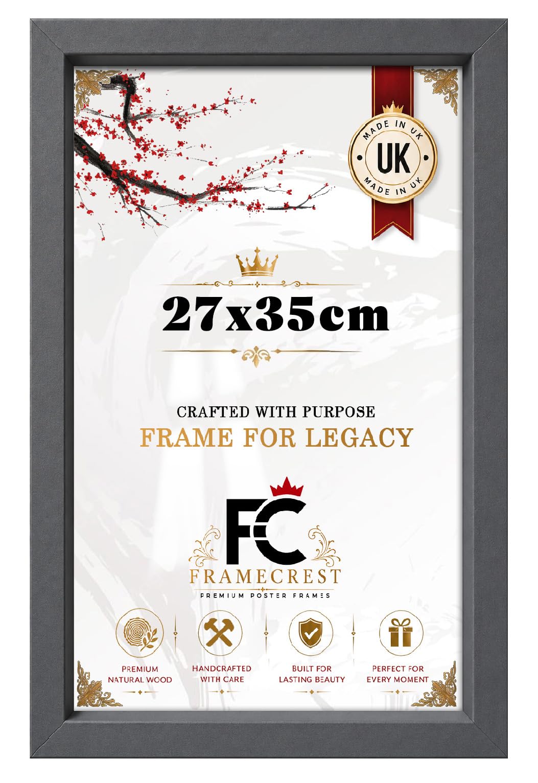 FRAMECREST Classic & Durable 27x35cm Poster Frame | Handcrafted for Gallery Family Photo Portrait and Landscape Display Anniversary/Birthday/Wedding/Gifting-[Dark Grey]
