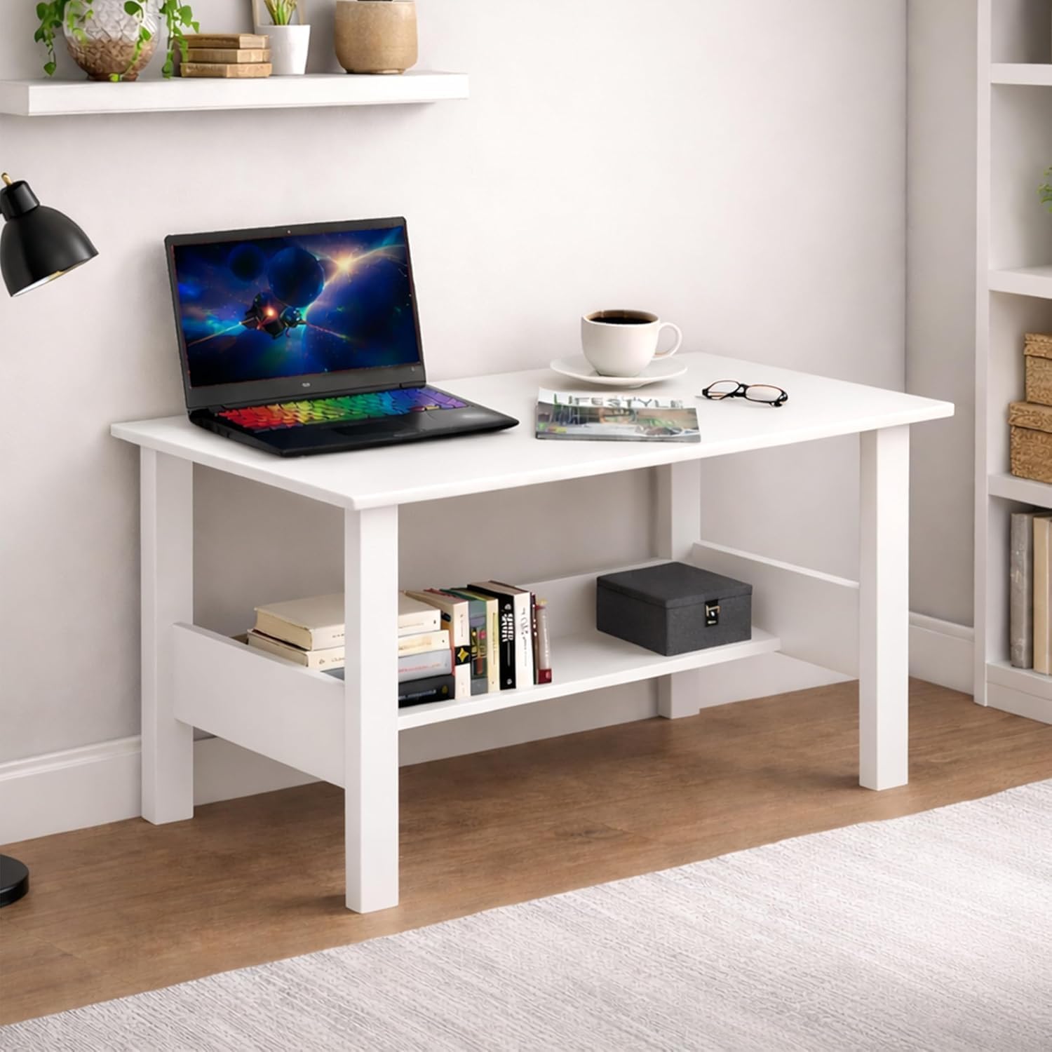 Rosebell Computer Desk Study Wooden Table for Home Office, Writing Desk for Laptop & Workstation, Space Saving Design – White-Color (White)-picture-17