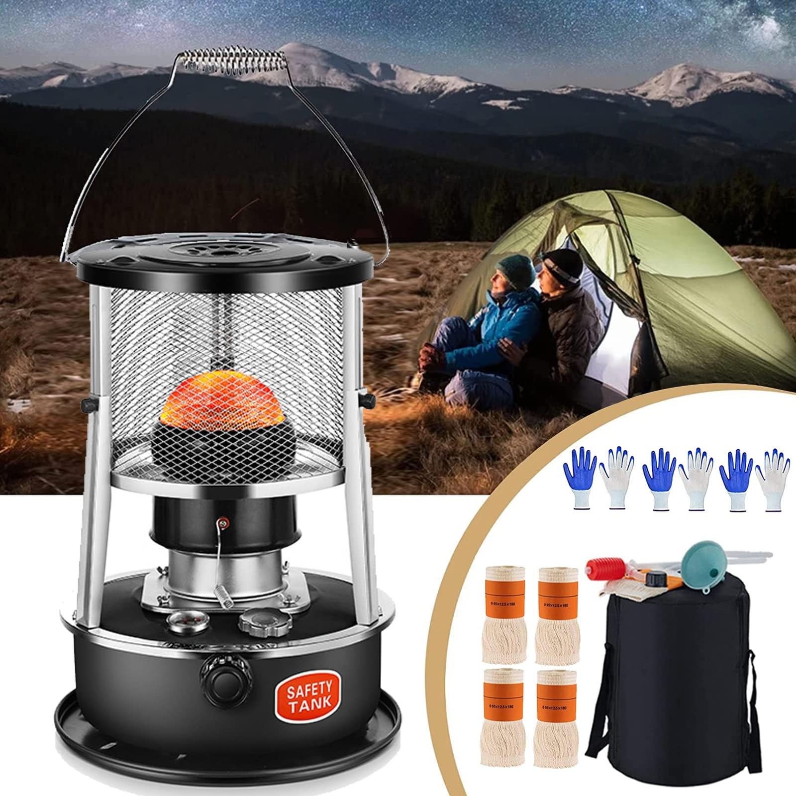 ShoFbi Kerosene Heaters for Indoor Use, Kerosene Stove Heater, Non Electric Heaters with 3 Wicks & 3 Waterproof gloves, Complete Accessories, for Indoor and Outdoor Kerosene Heater