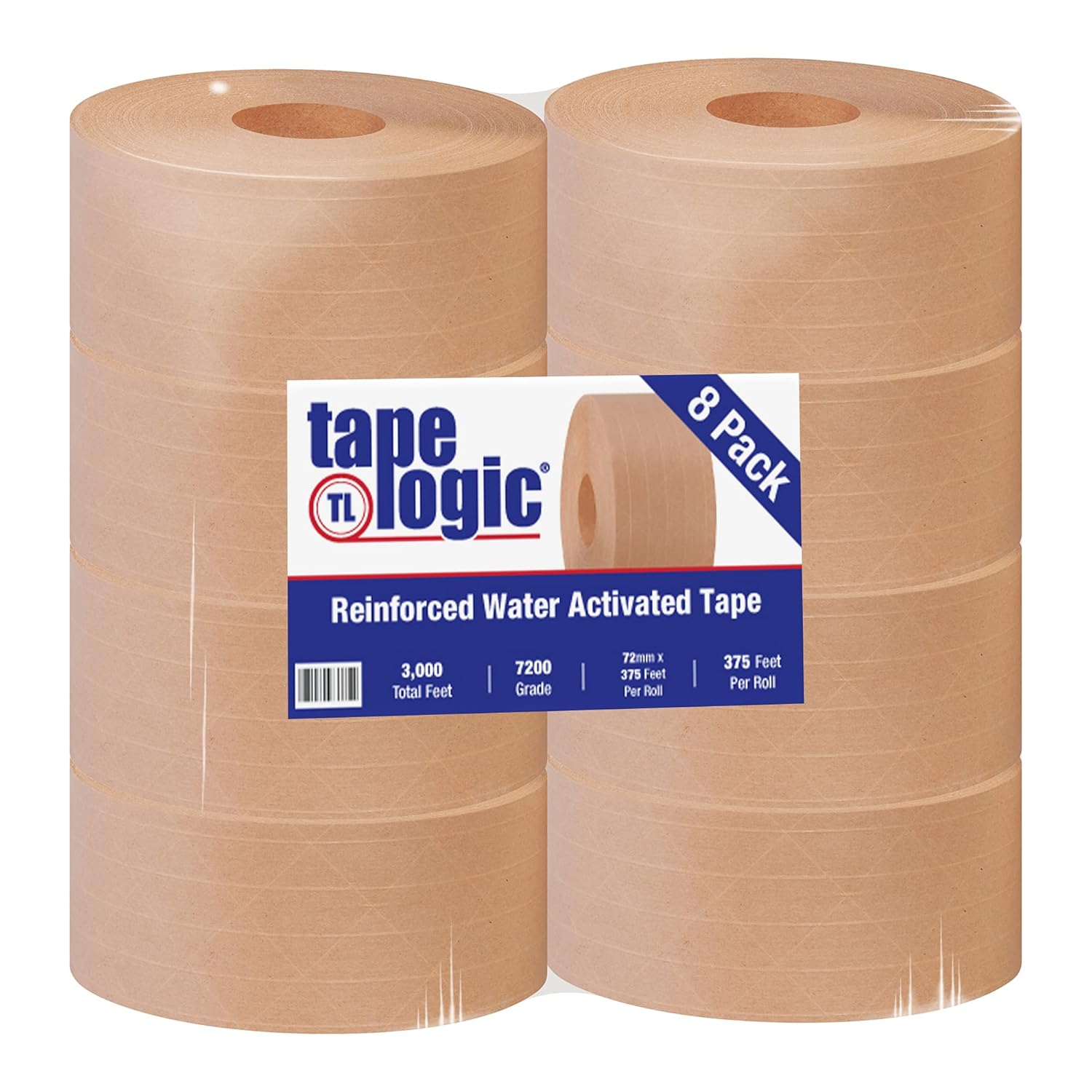 Partners Brand PT9067200 Tape Logic #7200 Reinforced Water Activated Tape, 72mm x 375', Kraft (Pack of 8)