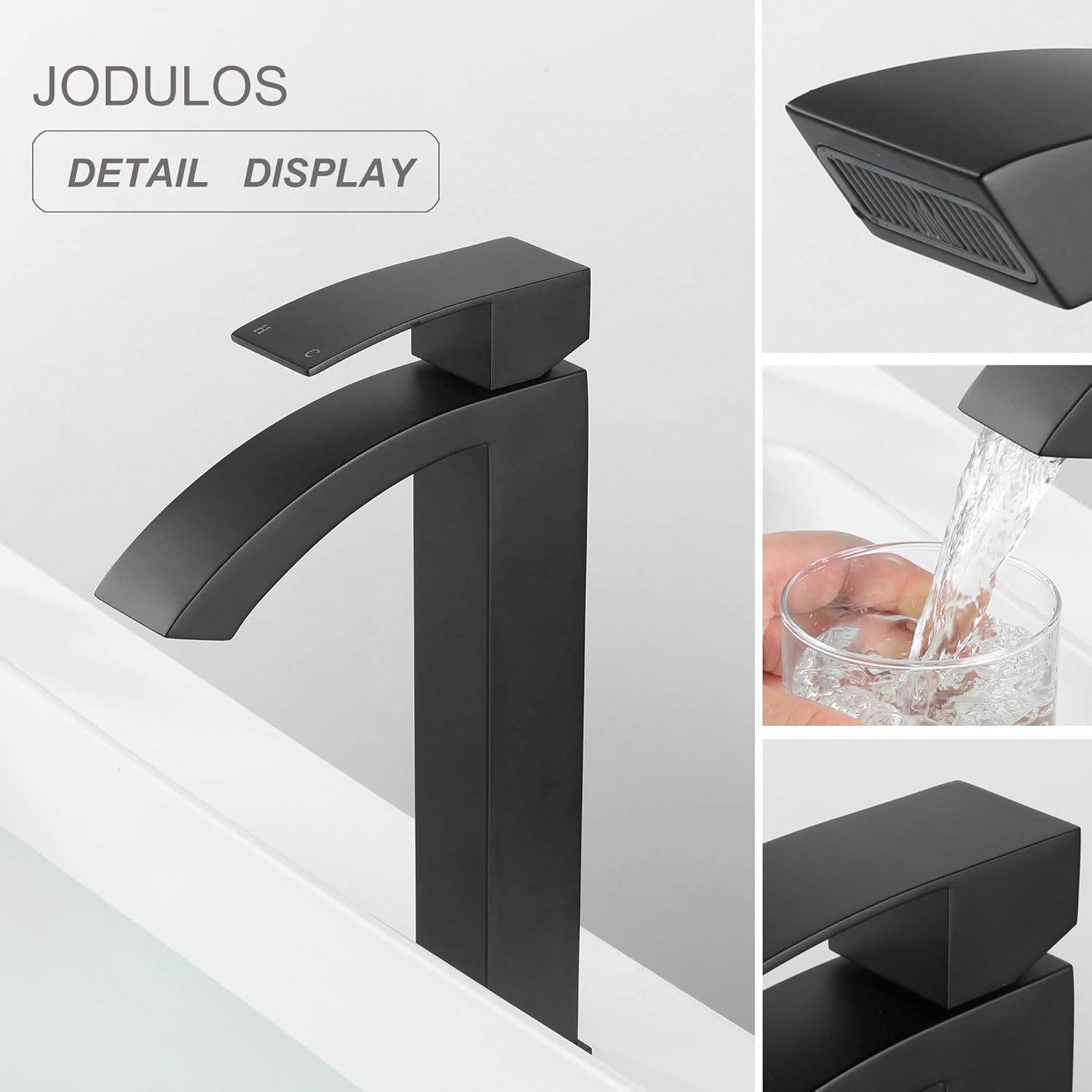 Black Matte Waterfall Vessel Sink Faucet Bathroom, Stainless Steel Tall Bathroom Faucet Single Hole with cUPC Supply Hose and Pop Up Stopper JU-BS101-BK