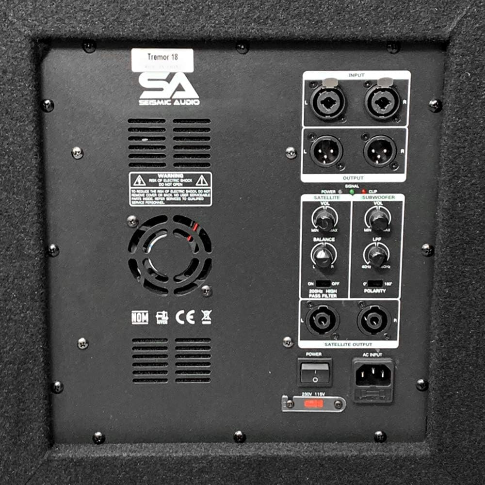 Close-up of the control panel on the Seismic Audio Tremor_18-PW subwoofer, showing volume, LPF, and polarity controls