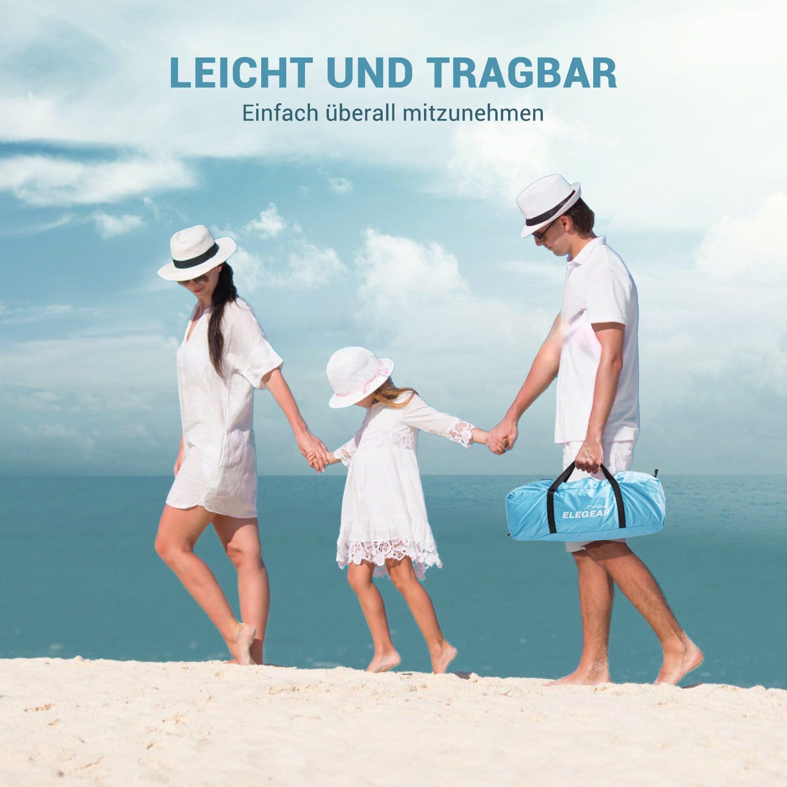 Elegear CumbreX Strandmuschel mit Sonnendach, 4-5 Personen Strandzelt UV Schutz 50+ Einfacher Aufbau, Tragbarer Leichte Strand Zelt mit Doppeltür, Windschutz Sonnenschutz für Strand, Garten, Fischen