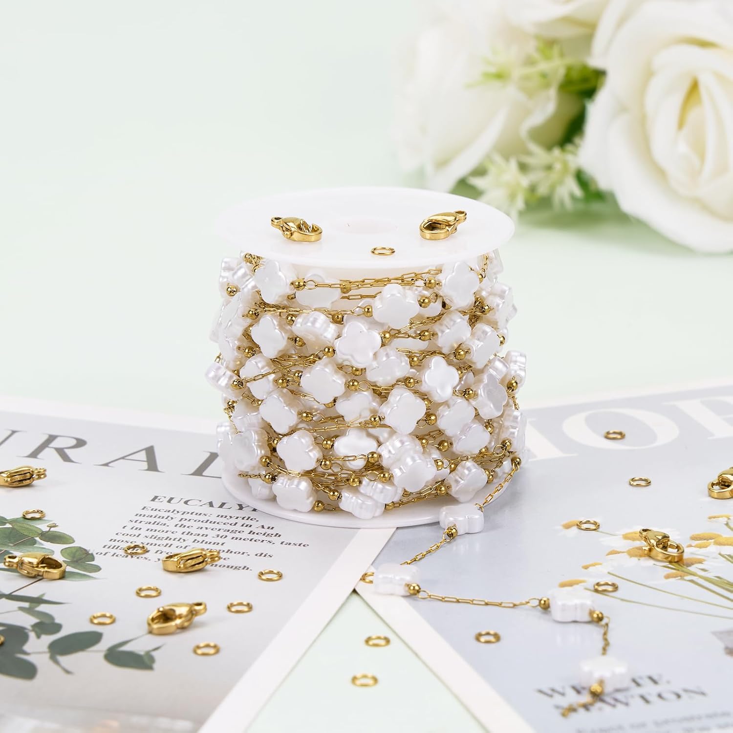 KYUNHOO 4 Meters Imitation Pearl Chain for Jewelry Making Gold Plated Stainless Steel Chains Bulk with Four Leaf Clover Pearls Decoration for DIY Jewelry Crafts - Image 6