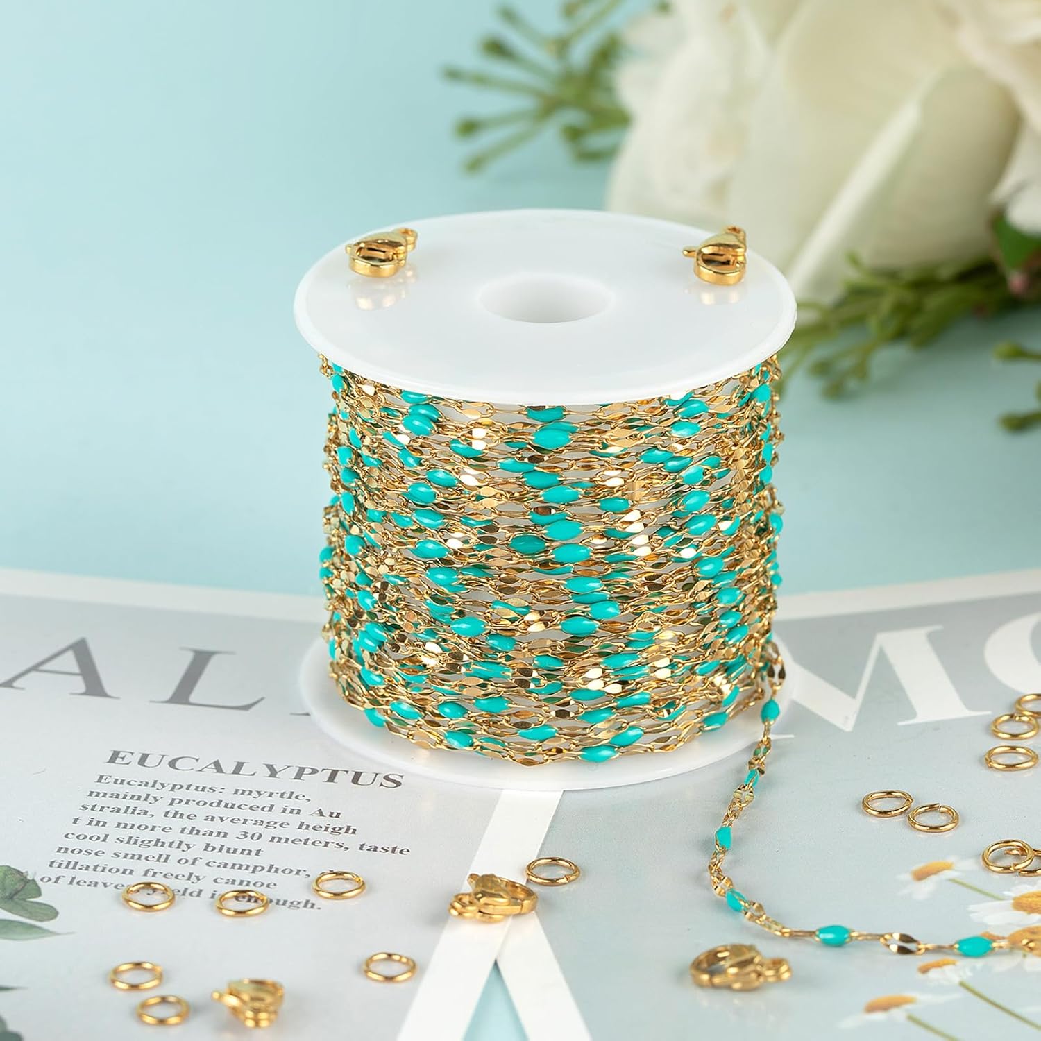 UMAOKANG 16.4 Feet Gold Plated Stainless Steel Jewelry Chain Roll Blue Enamel Bead Necklace Chain Handmade Craft Chains Bulk - Image 6