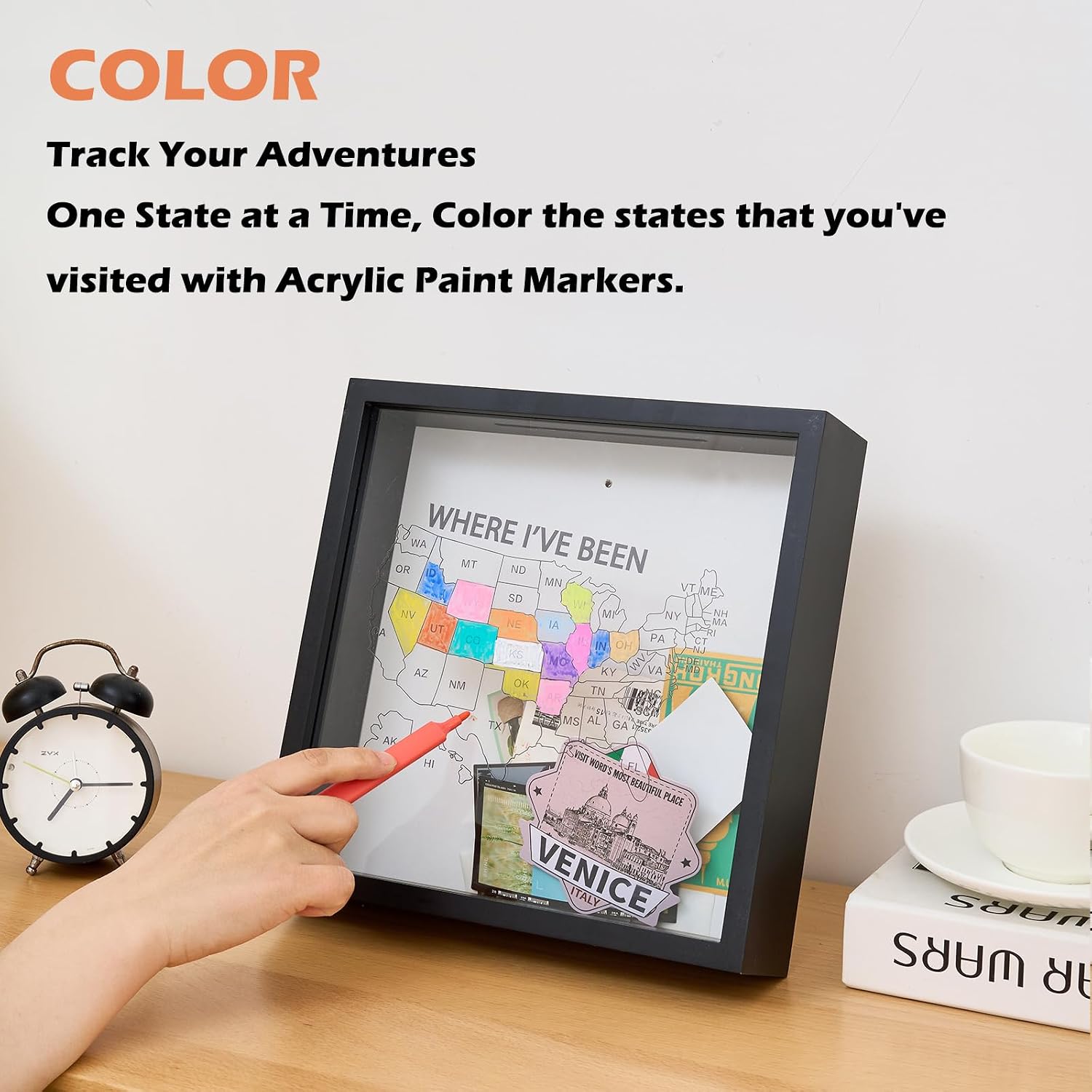 Where I've Been US Map Wooden Shadow Box Frame Wall Decoration, Travel Adventure Archive Box Tickets , 50 States Travel Map USA Map Tracker (Black 10.6” x 10.6” )