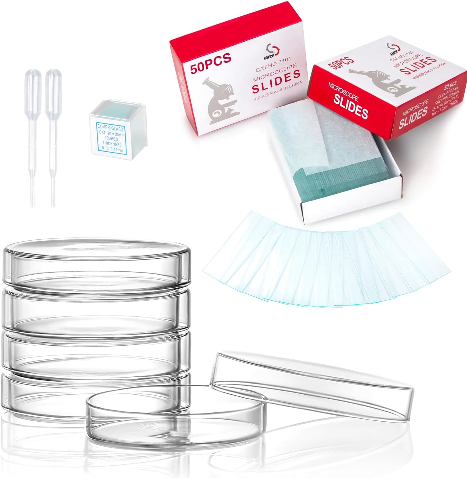 Sterile Plastic Petri Dishes Set, 50 Pcs Blank Microscope Slides, 100 Pcs 20x20mm Square Cover Glass, 5 Pcs 60mm Diax15mm Deep Lab Petri Plate Dish with Lid and 10 Test Pipette Droppers