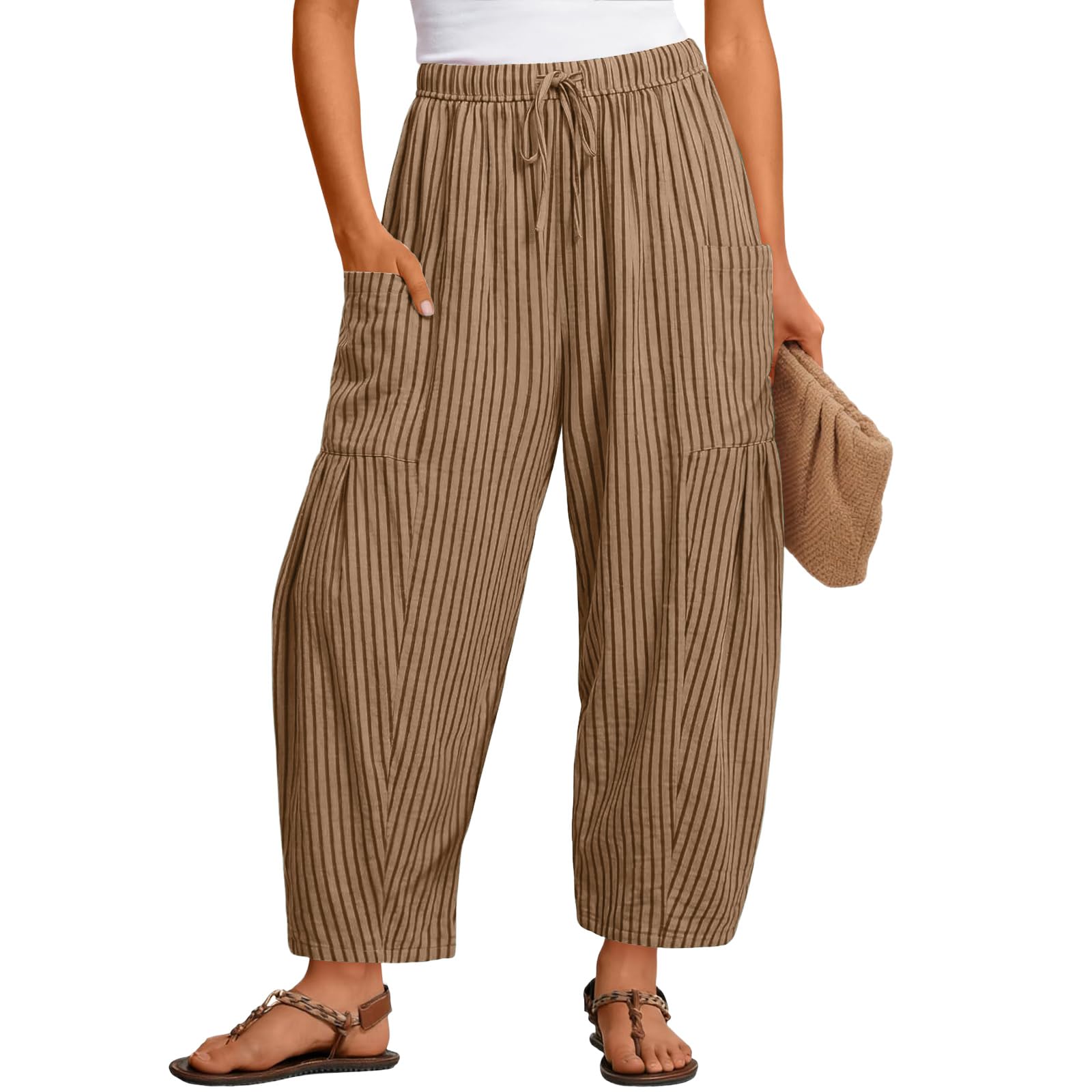 Pantalon Femme Coton et Lin Été Léger Fluide Sarouel d'été Rayures avec Cordon de Serrage et Taille élastique Pantalons en Lin pour Femmes Confortable Décontracté Pants de Plage avec Poches