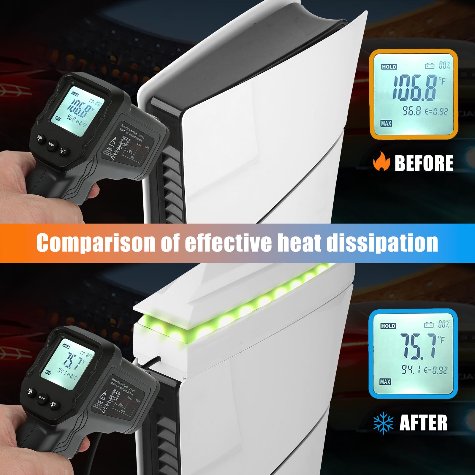 Raryars Console Cooling Fan for PS5 Slim with Dust Cover Colorful LED Light for PS5 Slim Console Disc Edition & Digital Edition Silent Absorb Fan Cooler with 2 USB Port Playstation 5 Slim Cooling System thumbnail 8