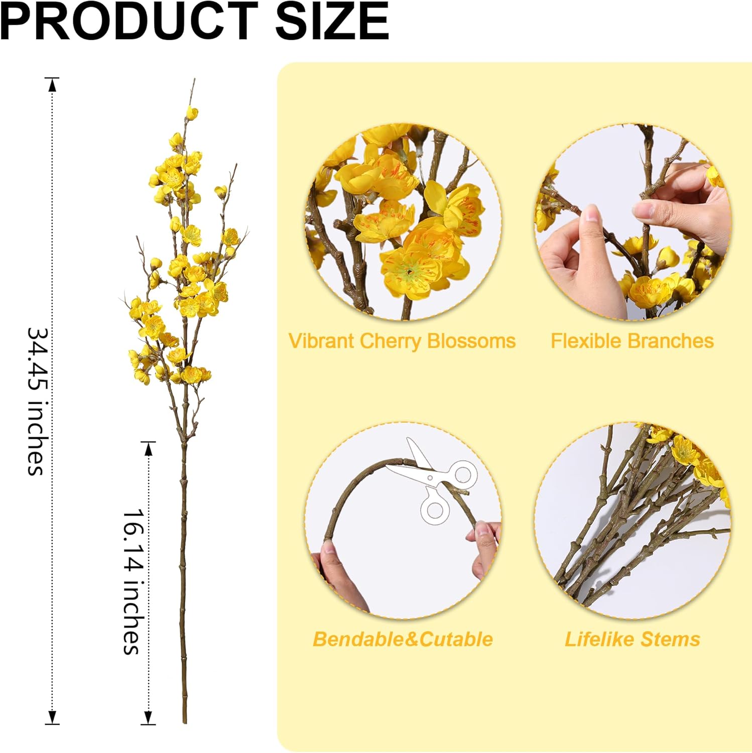 florisso 6 PCS Artificial Cherry Blossom Branches Spring Indoor Decoration, Faux Yellow Silk Flowers 34.45" Long Stems Real Touch Plum Fake Peach Plants for New Year Wedding Home Bedroom Table Office