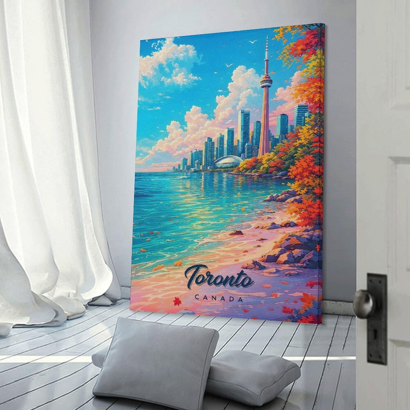 Junmoney Toronto Skyline in Autumn Canvas Art Print, 08x12inch(20x30cm), for Living Room, Bedroom, Office Or Hallway, Decorative Artwork with Broad Appeal