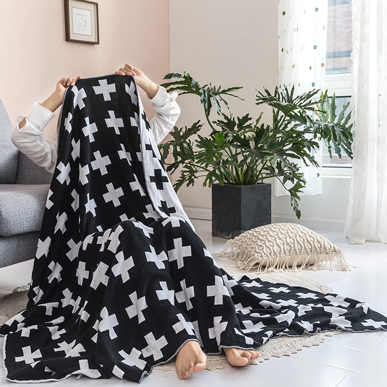 Wendbare Decke aus 100 % Baumwolle, für Sofas, Sofas, Sofas, 90 x 110 cm, gemütlich, warm, doppelseitig, Schwarz und Weiß, Design für Kinder, Sofa, Bett, Couch (2,90 x 110 cm)