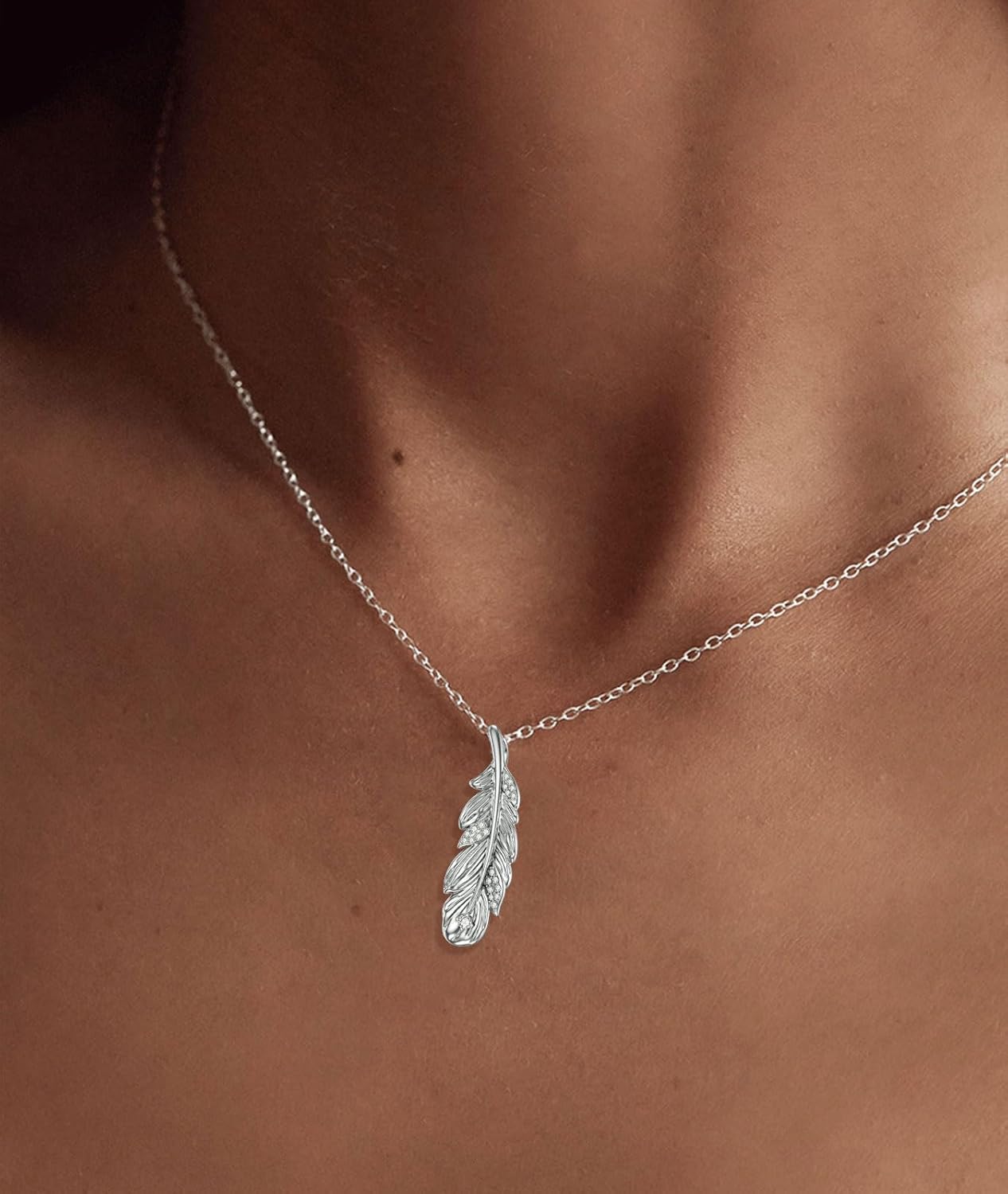1/20 Carat Diamond Feather Necklace for Women 925 Sterling Silver Diamonds Feather Pendant Necklaces 18K White Gold Plated Fine Jewelry - Image 3