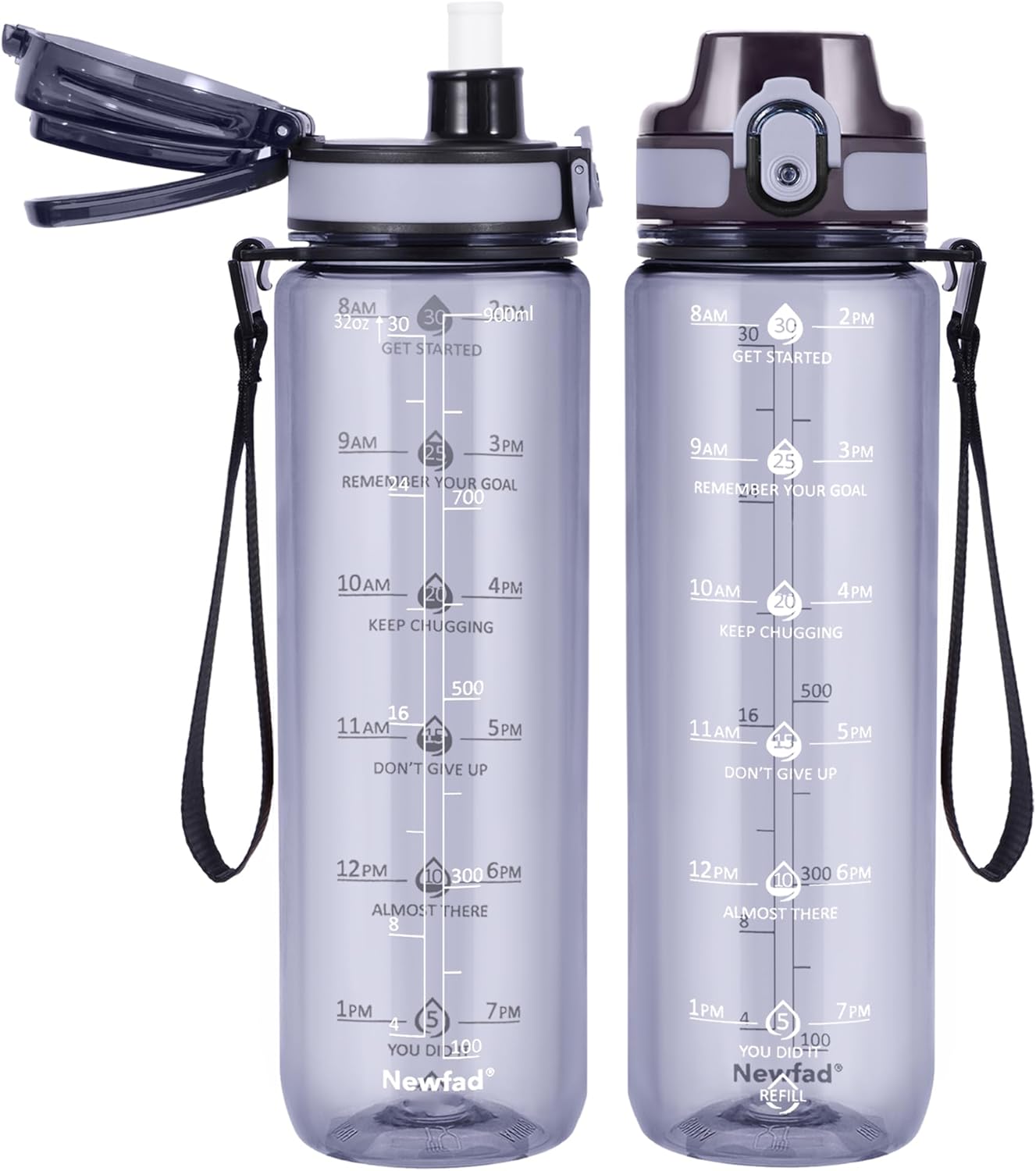 32 oz Water Bottle with Detachable Straw, Clear Motivational Water Bottles with Time to Drink, Tritan & BPA Free Sports Water Jug with Time Marker, Upgraded handle design