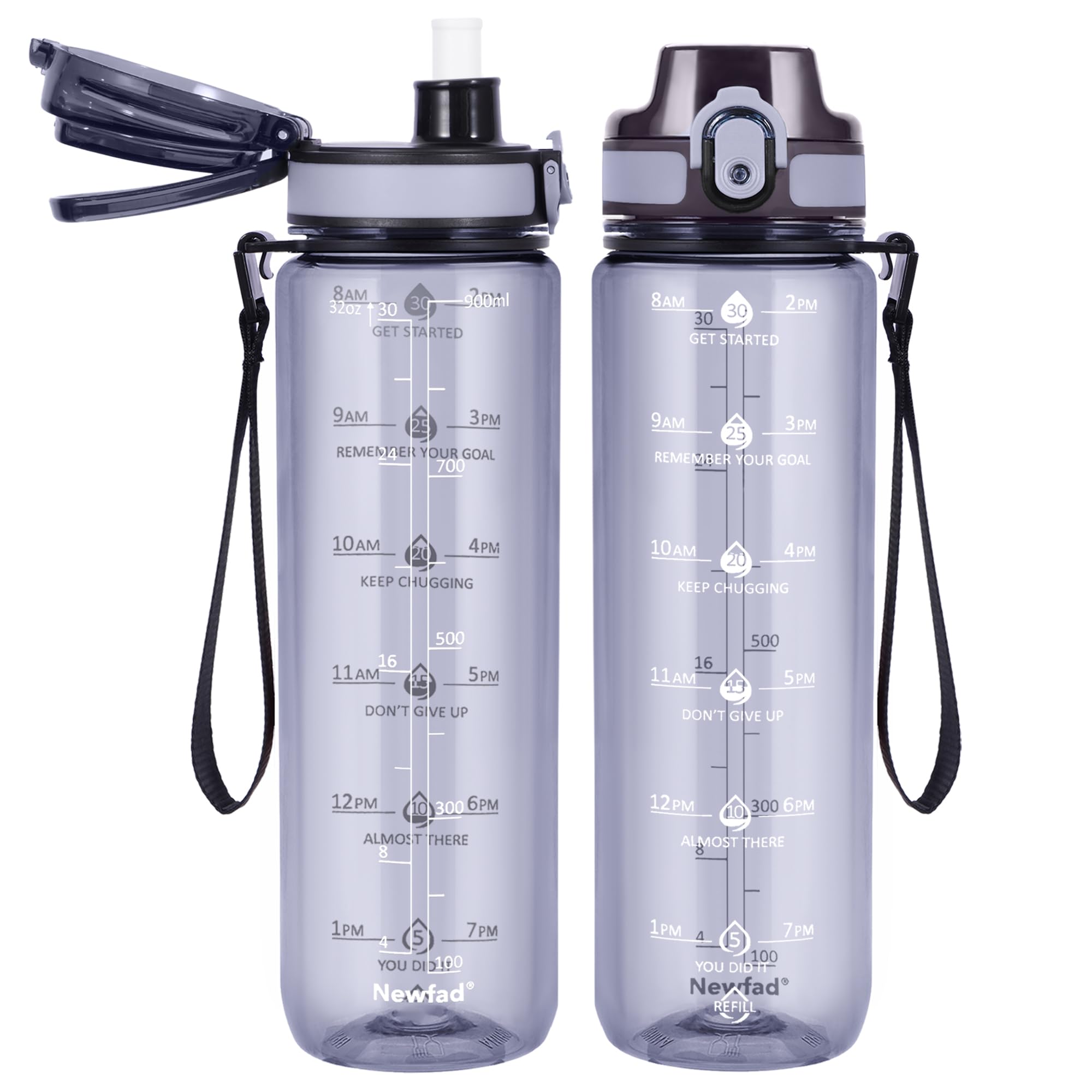 Newfad 32 oz Water Bottle with Detachable Straw, Clear Motivational Water Bottles with Time to Drink, Tritan & BPA Free Sports Water Jug with Time