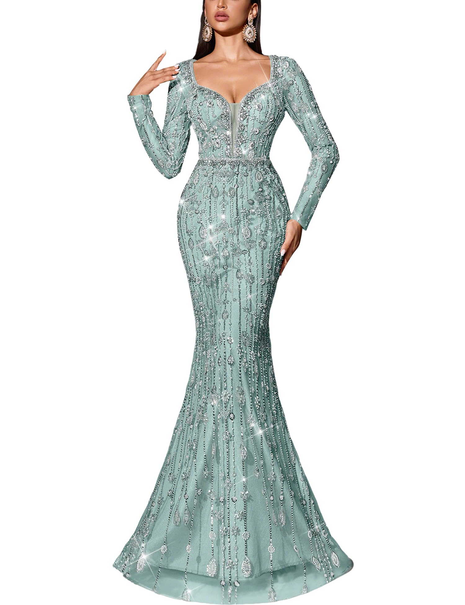 Photo 1 of VOUIAO Women's V-Neck Sequin Beaded Mermaid Prom Dress Long Sleeve Formal Evening Gown Bodycon Wedding Guest Party Maxi Dress Mint Blue L