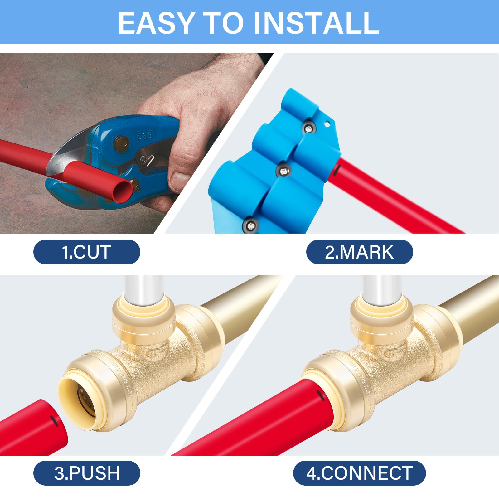 MEASUREMAN Manómetro de presión de empuje para conectar 0-200 psi, acero inoxidable, a prueba de vibraciones, tamaño de esfera de 2 pulgadas, con T de fontanería de ajuste a presión de 1/2 pulgada