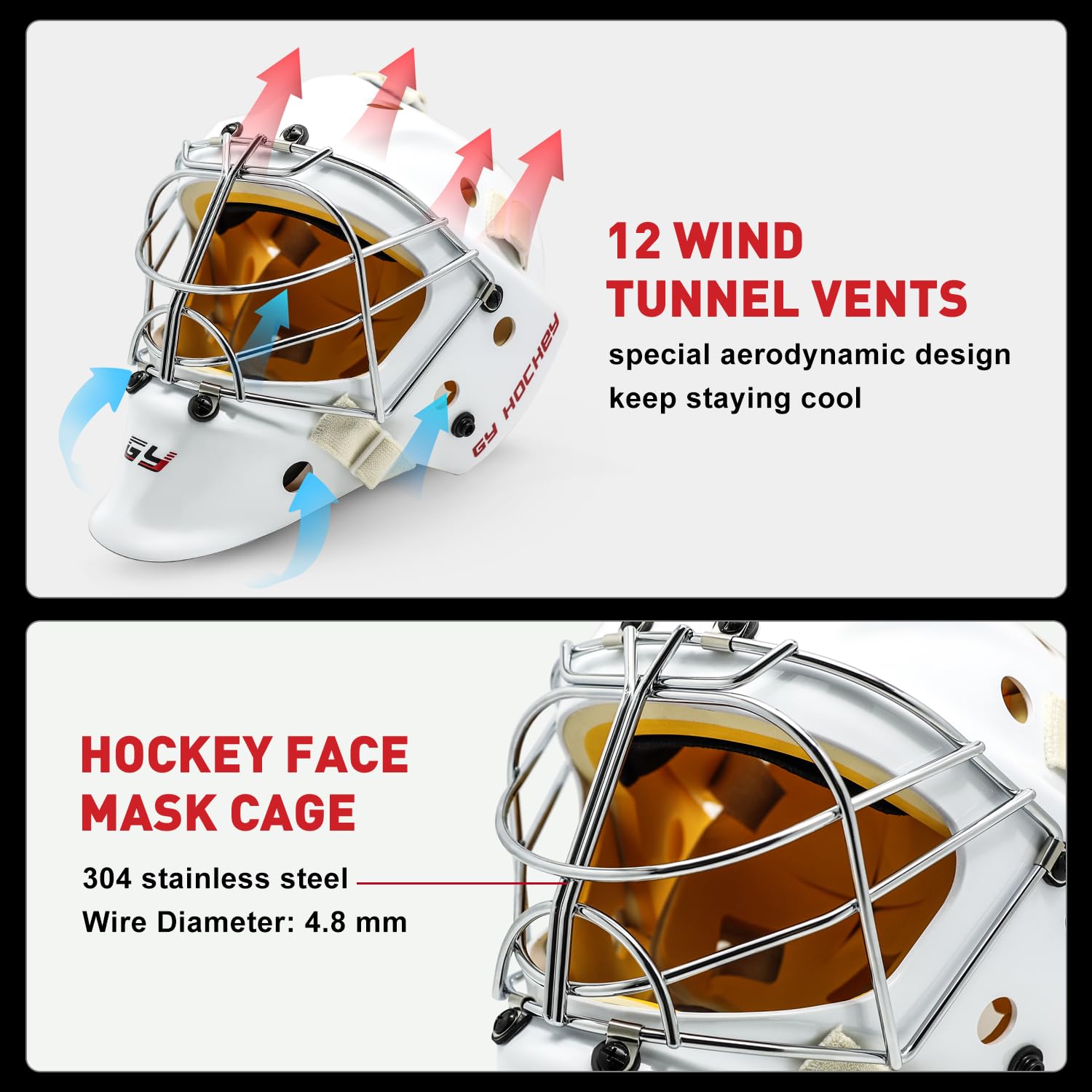 GY Casco da hockey combinato con maschera facciale da portiere per adulti, gabbia cat-eye, guscio professionale in PC e ABS, gabbia in acciaio inossidabile 304, fodera a doppio strato