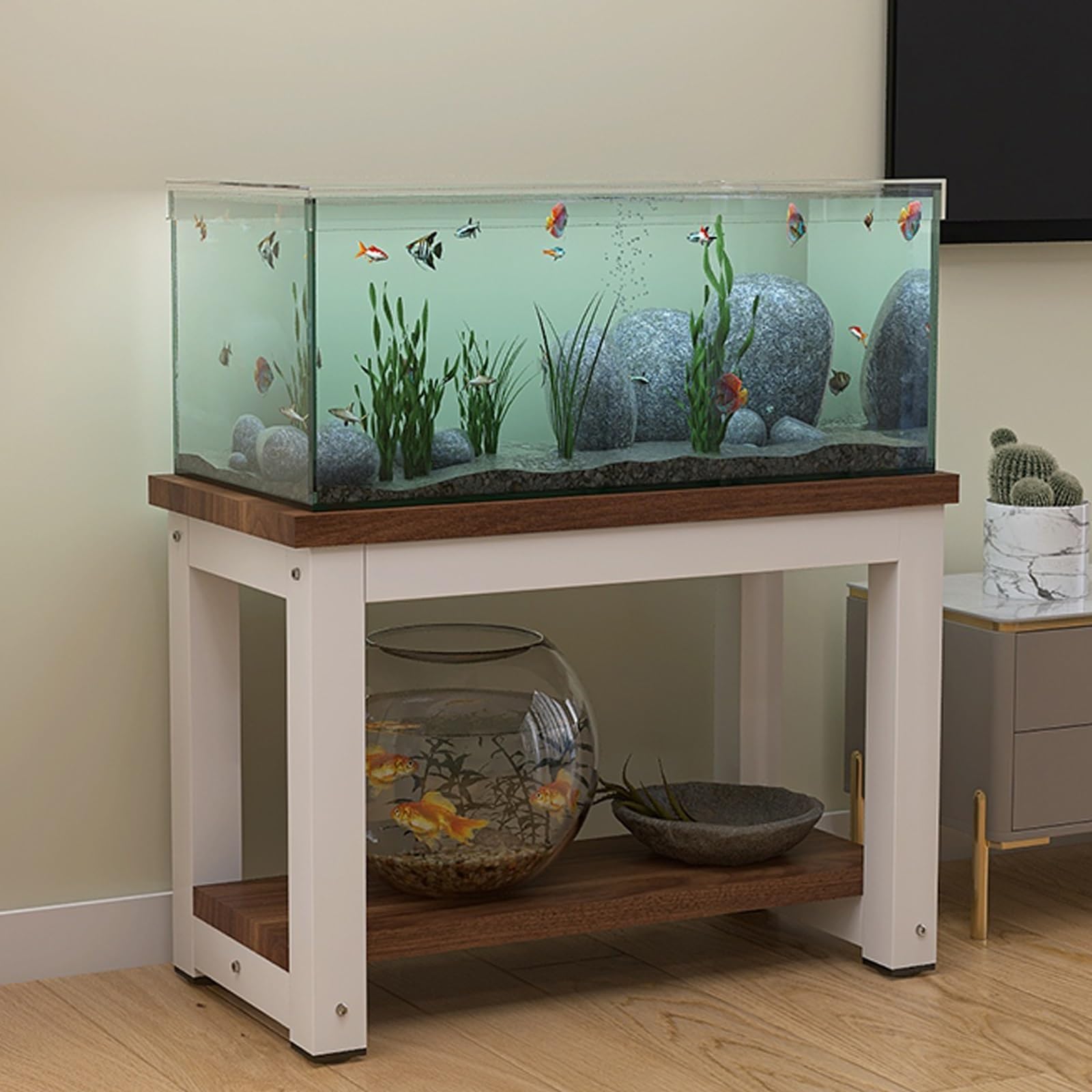 Support d'aquarium pour le bureau et salon meuble marron compact