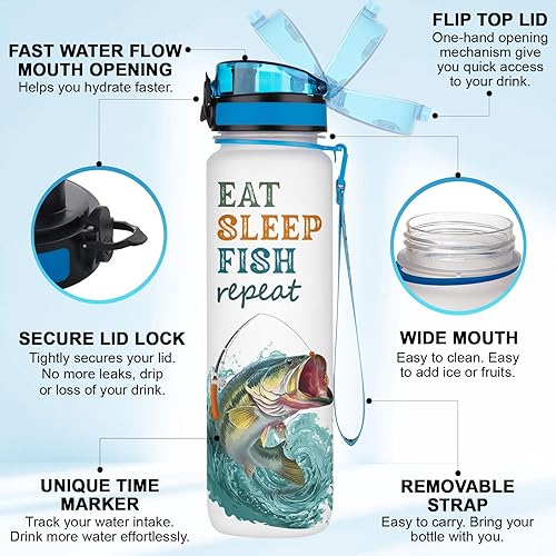 Miniatura 7 de Botella de agua de pesca de 32 onzas para pescador, botella de hidratación repetida con marcador de tiempo, divertido regalo de pesca para papá,