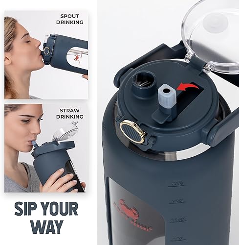 Miniatura 7 de Botella de agua de vidrio de 64 onzas, azul oscuro, jarra grande de vidrio de borosilicato con popote y marcador de tiempo, a prueba de fugas,