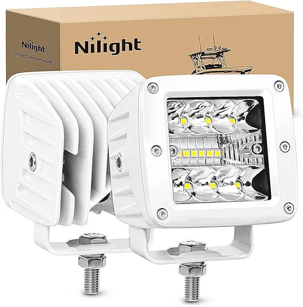 Nilight Marine LED Light Pods Navigation Lights 2PCS 3 Inch White Spot Flood Combo Ponton Boat Deck Dock Lighting for Night Fishing T-top Stern Yacht Port Sailboat Trucks Tractors