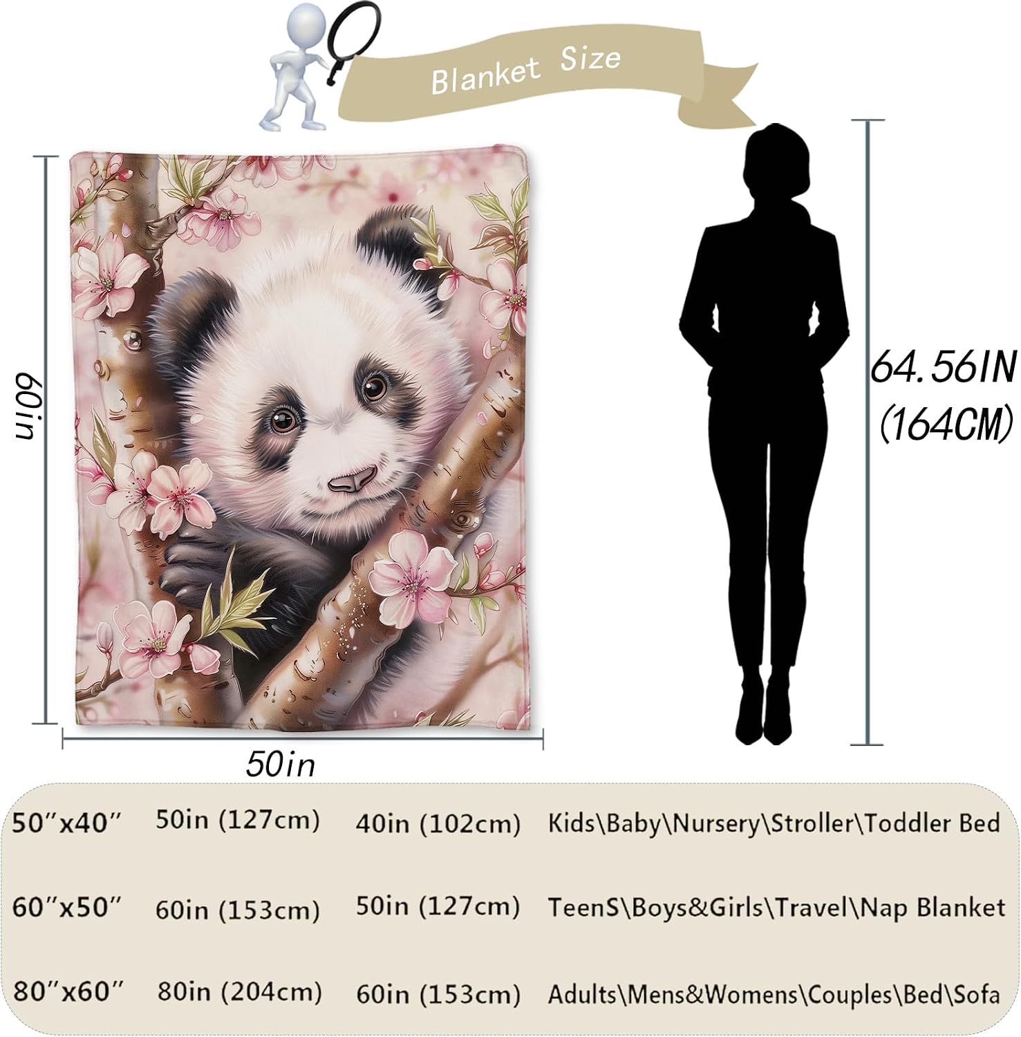 Panda & Cherry Blossom Blanket, Soft Fuzzy Lightweight Animal Flannel Throw Blanket for Couch, Bed, Travel & Outdoor Use, Warm Cozy Decor Blankets for Women Girls 60×50 in