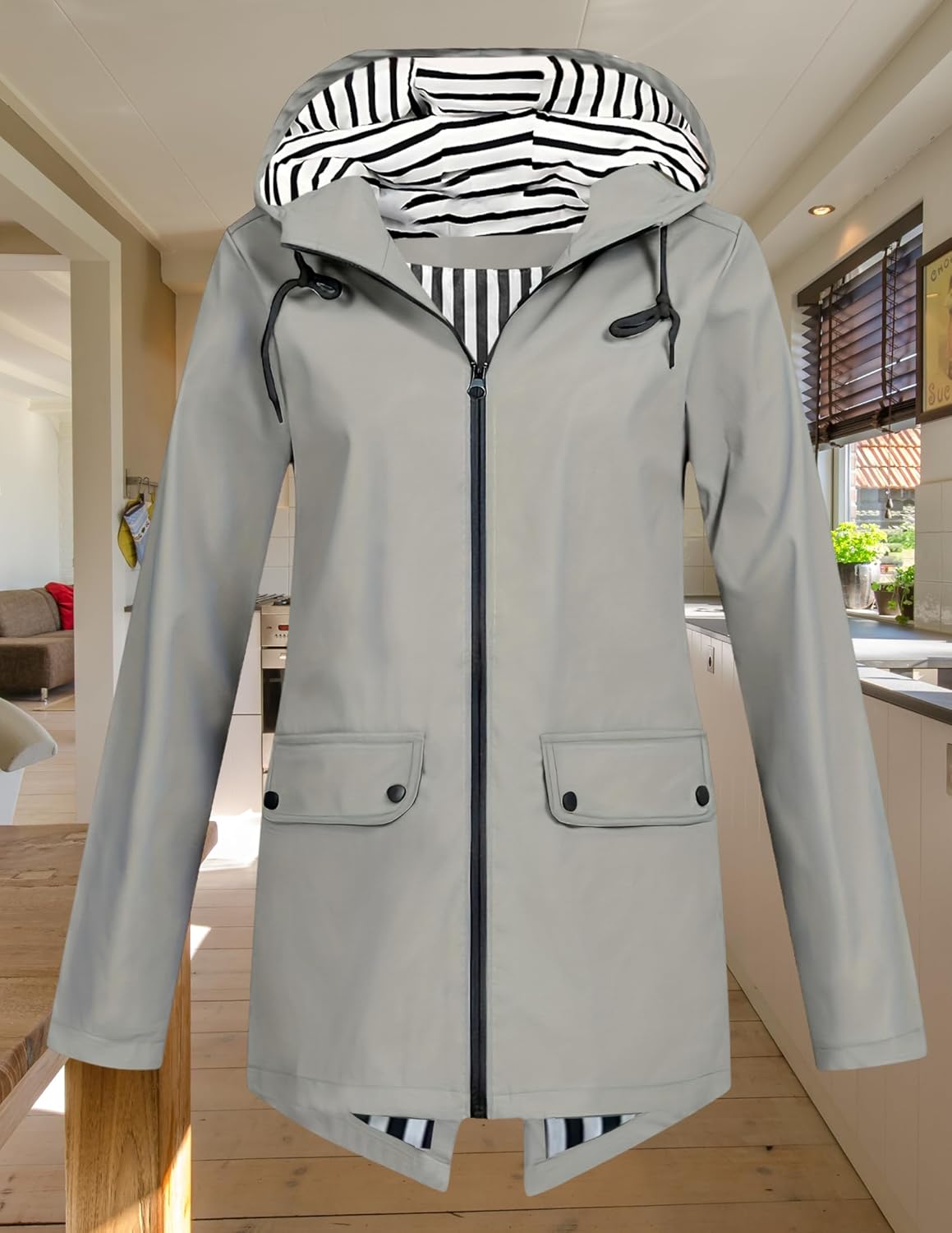 LIZALIG Womens Rain Coat Long Waterproof Striped Lined Lightweight Windbreaker With Hood Zip Up Jacket