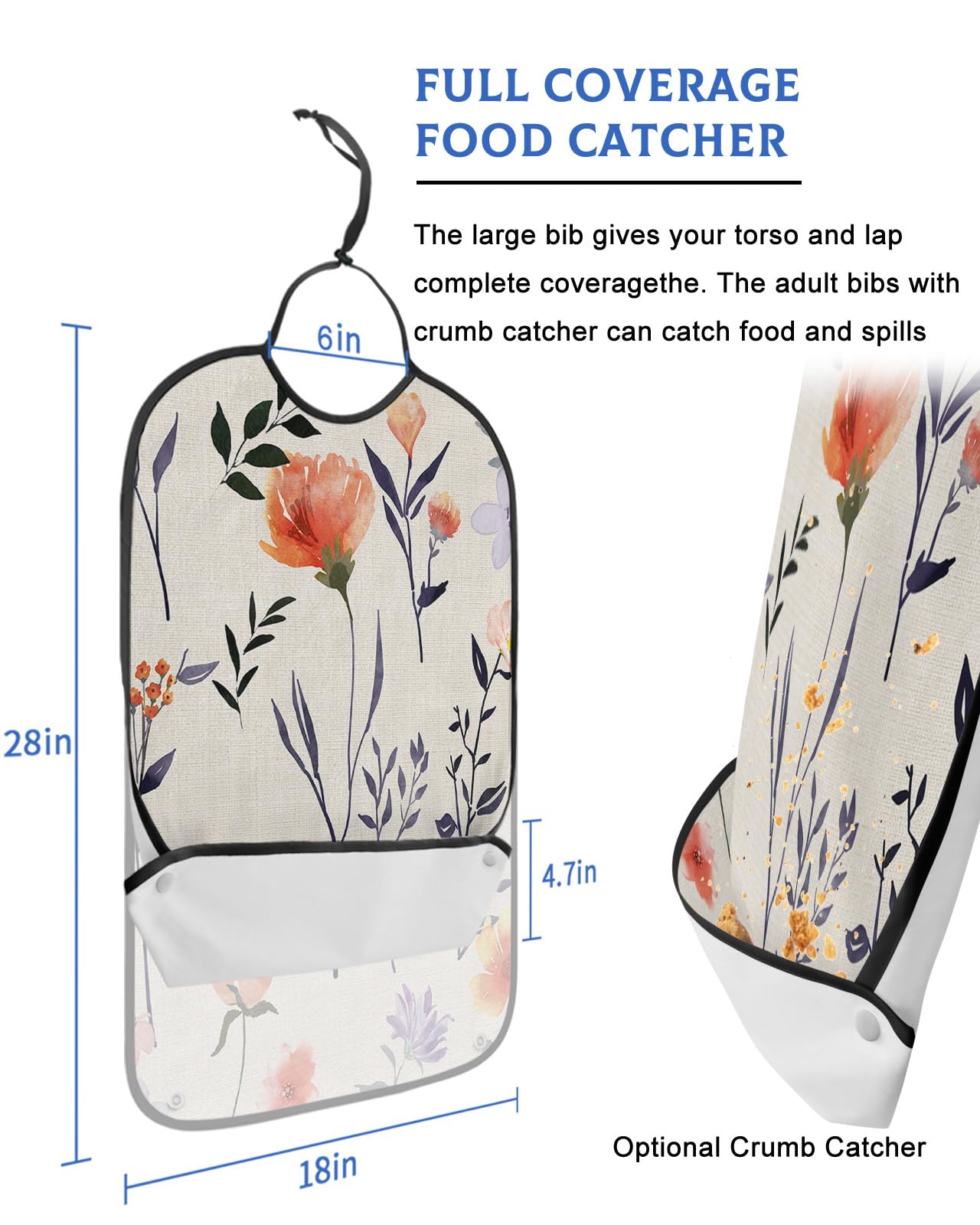 Farmhouse Floral Adult Bib for Adults Men, Women, Washable & Adjustable Terry Cloth Bib with Crumb Catcher Reusable Waterproof Clothing Clothes Protector Apron Botanical Wildflower Leaves