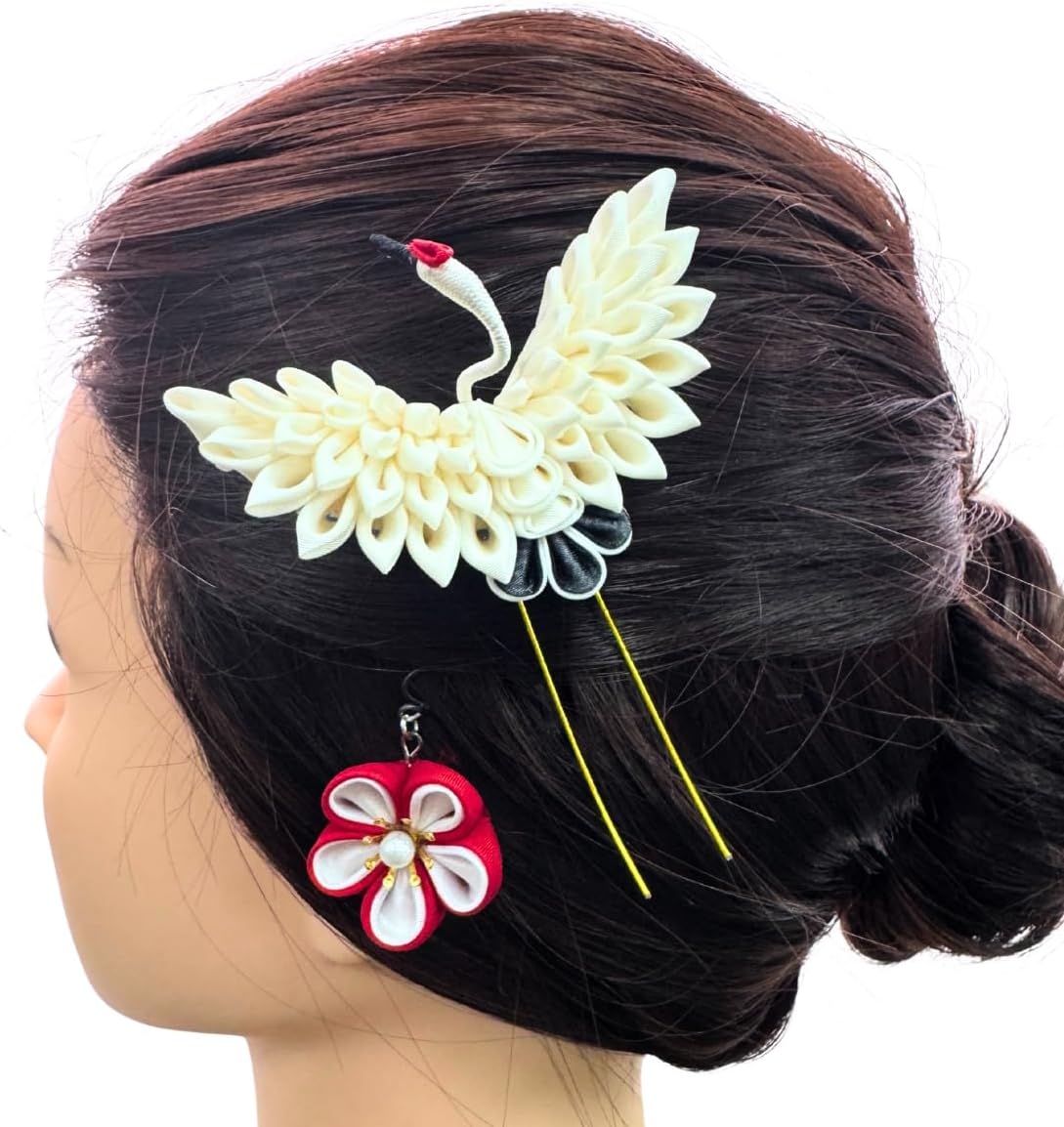 [Lulu's] ルルズ つまみ細工 鶴かんざし 白 生成り 髪飾り ヘッドドレス 結婚式 成人式 卒業式 前撮り