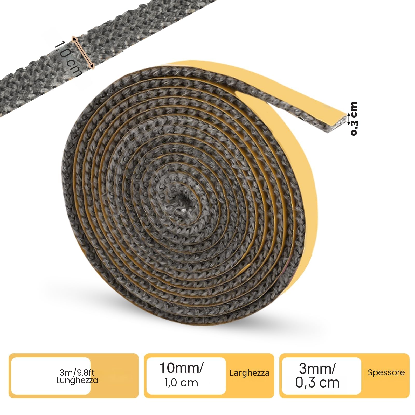 Guarnizione Camino Fibra di Vetro Resistente al Calore Fino a 500°C per Stufe Caminetti Porta del Forno (3mm x 10mm x 3m)