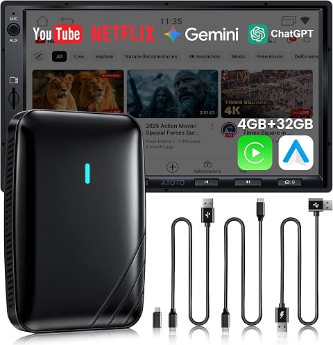 Adaptateur CarPlay sans Fil Android Auto, Boîtier AI Vidéo Auto 3-en-1 pour CP/AA Filaire OEM, 4GB+32GB, Double Wi-FI & Hub IoT Bluetooth, pour Netflix/Youtube/TikTok/Carte TF, CB4B