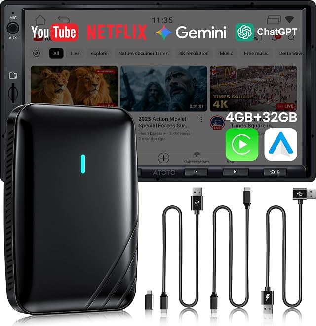 Adaptateur CarPlay sans Fil Android Auto, Boîtier AI Vidéo Auto 3-en-1 pour CP/AA Filaire OEM, 4GB+32GB, Double Wi-FI & Hub IoT Bluetooth, pour Netflix/Youtube/TikTok/Carte TF, CB4B