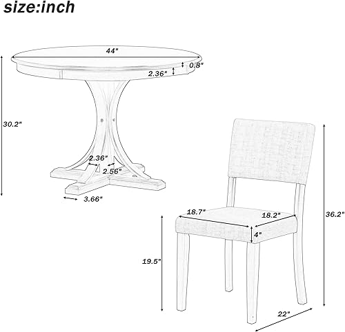 Miniatura 3 de RUNWON Juego de comedor redondo de 5 piezas con patas de caballete curvas y 4 sillas tapizadas, estilo retro, mesa y 4 sillas, gris pardo
