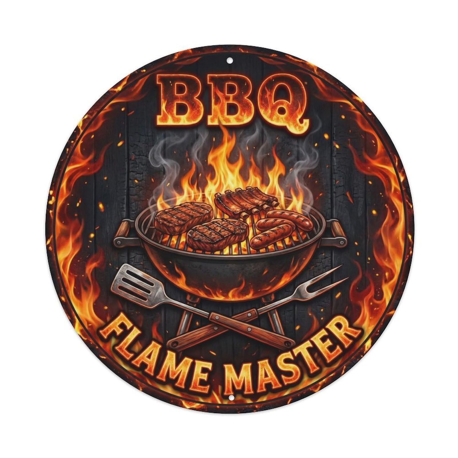 BBQ Barbecue Flame Master Vintage Metal Tin Sign Plaque Wall Decor for Cafe, Club, Garden Round Metal Poster 8x8Inch
