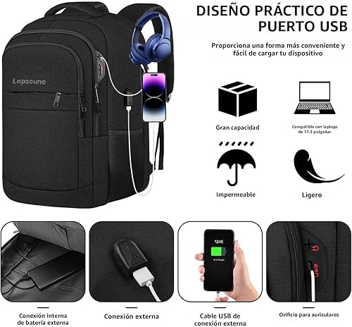 Miniatura 6 de Mochila para laptop mochila de transporte duradera extra grande de 173 pulgadas compatible con la TSA mochila para portátil de viaje de negocios con