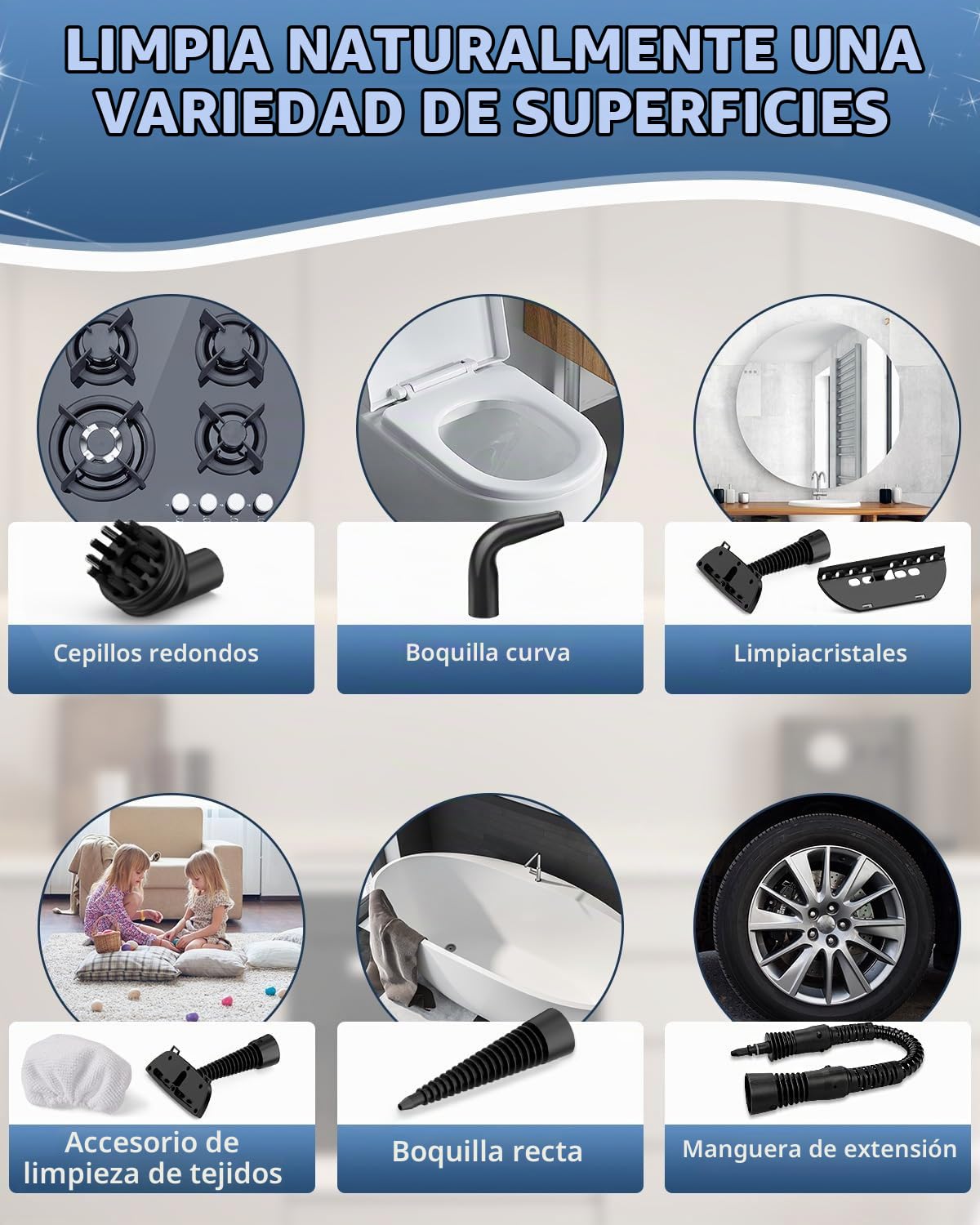 KLONA Limpiador a vapor hogar, portátil limpiador, con 10 accesorios | para alfombras, cortinas, sofás, cocina, baño y más | presión: 3,5 bar | potencia: 1050W | sin químicos