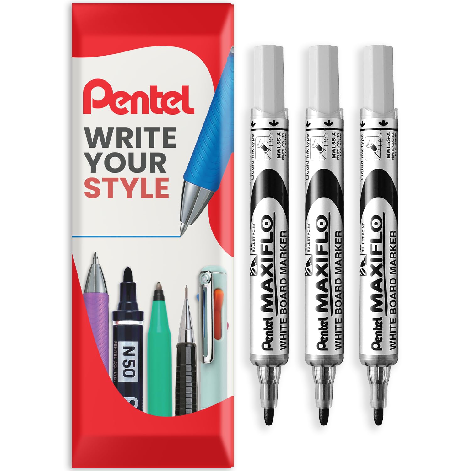 Pentel Maxiflo Whiteboard Marker Pen - Fine Bullet Tip - Black Ink - MWL5S - Pack of 3 in Envelope Gift Packaging