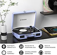 Vista 3 de Reproductor de discos de vinilo RetroAudio de 3 velocidades Bluetooth portátil de maleta, tocadiscos de correa, con 2 bocinas estéreo integradas
