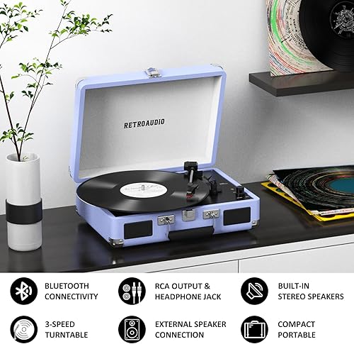Miniatura 3 de Reproductor de discos de vinilo RetroAudio de 3 velocidades Bluetooth portátil de maleta, tocadiscos de correa, con 2 bocinas estéreo integradas,