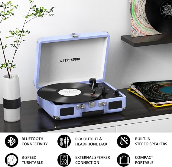 Vinyl Record Player 3 Speed Bluetooth Portable Case Belt Operated Turntable with 2 Built-in Stereo Speakers Vinyl Vintage Turntable with RCA Line Out