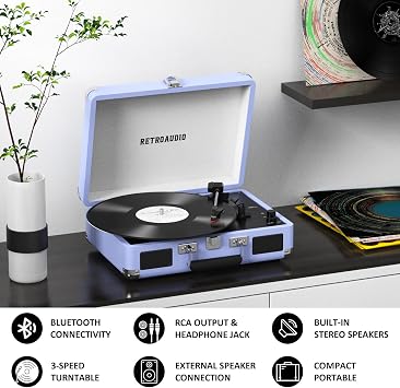 Vinyl Record Player 3 Speed Bluetooth Portable Case Belt Operated Turntable with 2 Built-in Stereo Speakers Vinyl Vintage Turntable with RCA Line Out