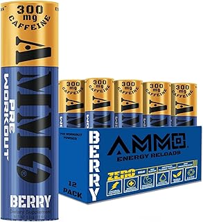AMMOÂ® Pre Workout Berry 12Pack Single Serve Powder On The Go - Extra Strength 300mg Caffeine Zero Sugar All Natural Energy Reloads