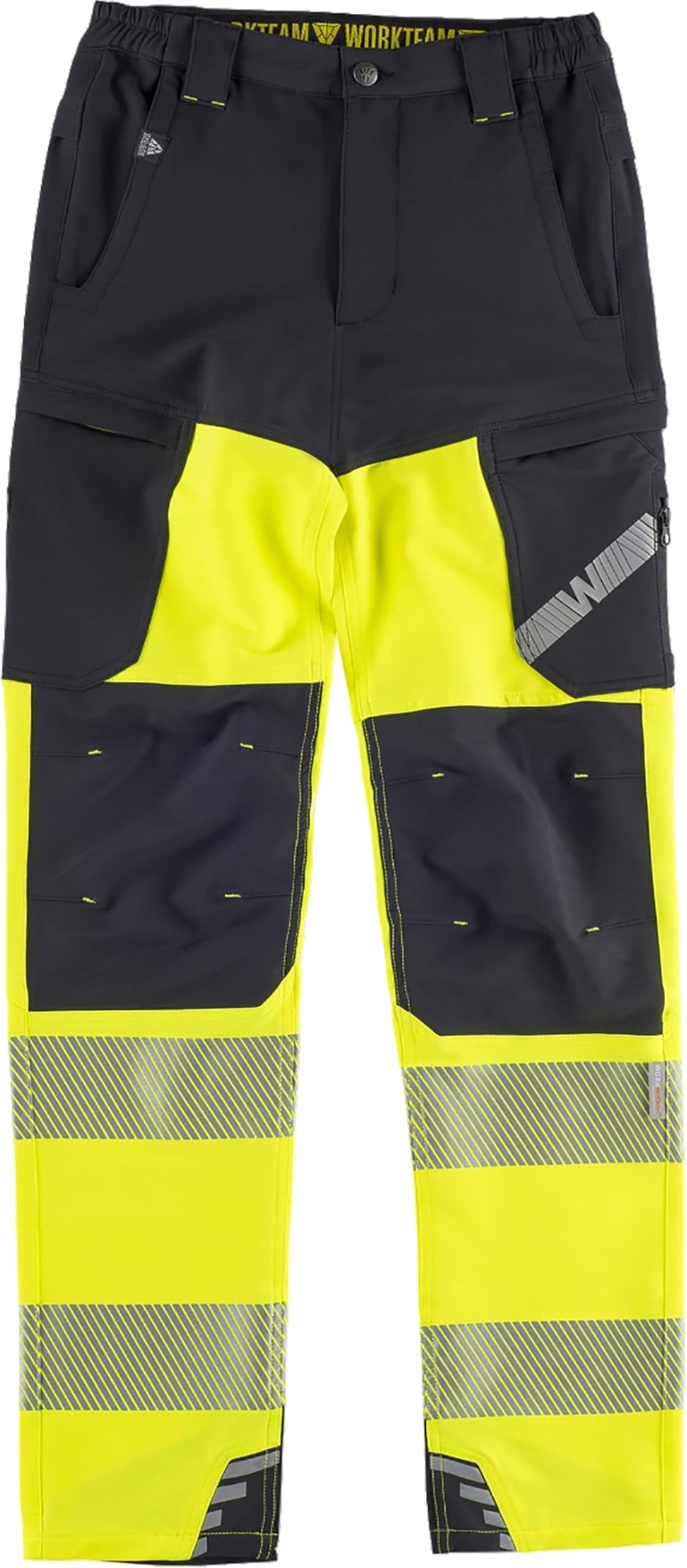 WORKTEAM Pantalón Elástico Alta Visibilidad con Cintas Reflectantes Segmentadas, Slim Fit, Multibolsillos con Cremallera, Refuerzo en Rodillas, Unisex
