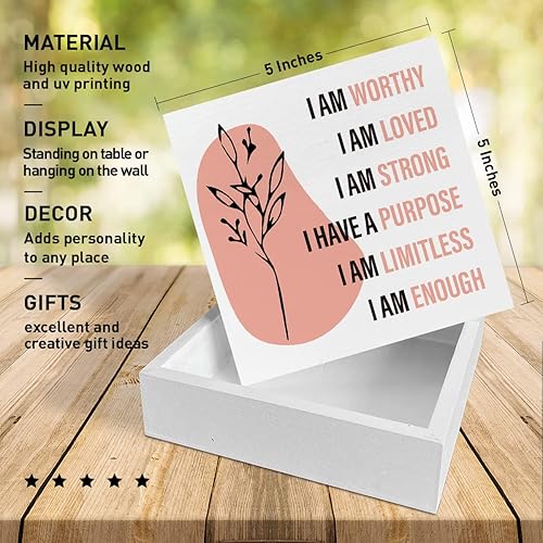 Miniatura 2 de Escritorio de oficina en casa, caja de madera, decoración de letrero con texto en inglés "I Am Worthy Loved Strong", con citas inspiradoras,
